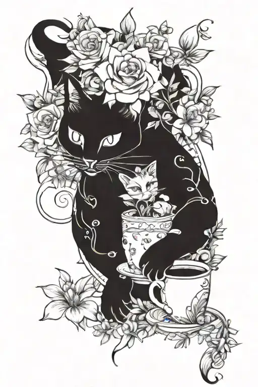 A whimsical tattoo design of a cat lounging on a crescent moon surrounded by blooming flowers, with coffee cups scattered around them tattoo design idea