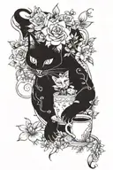 A whimsical tattoo design of a cat lounging on a crescent moon surrounded by blooming flowers, with coffee cups scattered around them tattoo design idea