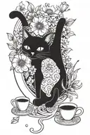 A whimsical tattoo design of a cat lounging on a crescent moon surrounded by blooming flowers, with coffee cups scattered around them tattoo design idea