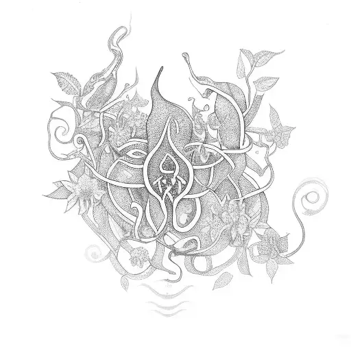 A mystical Ayahuasca vine intertwined with various plants and flowers tattoo design idea