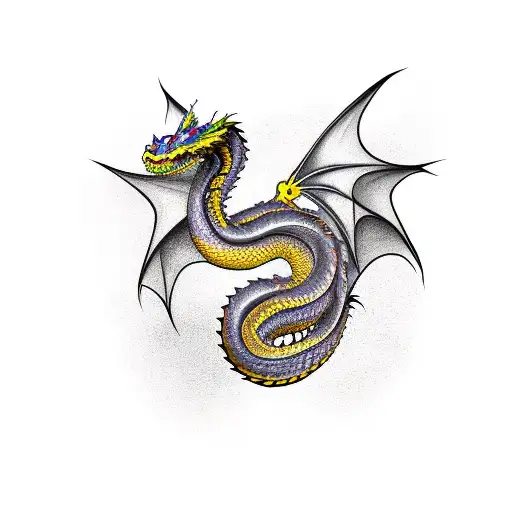 dragon-Snake tattoo on the brush biting the ring finger, minimalism. Dragon snake with legs tattoo design idea