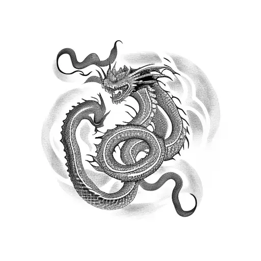 dragon-Snake tattoo on the brush biting the ring finger, minimalism. Dragon snake with legs tattoo design idea