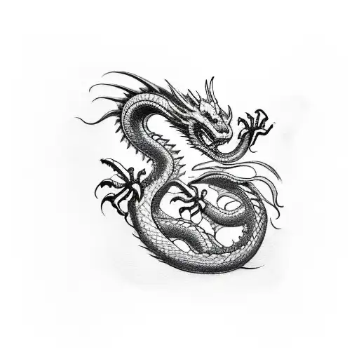 dragon-Snake tattoo on the brush biting the ring finger, minimalism. Dragon snake with legs tattoo design idea