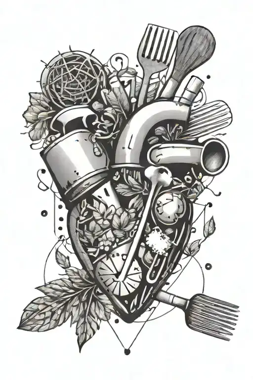 A geometric tattoo of various kitchen utensils forming a heart shape, with a sprinkle of herbs and spices around it tattoo design idea