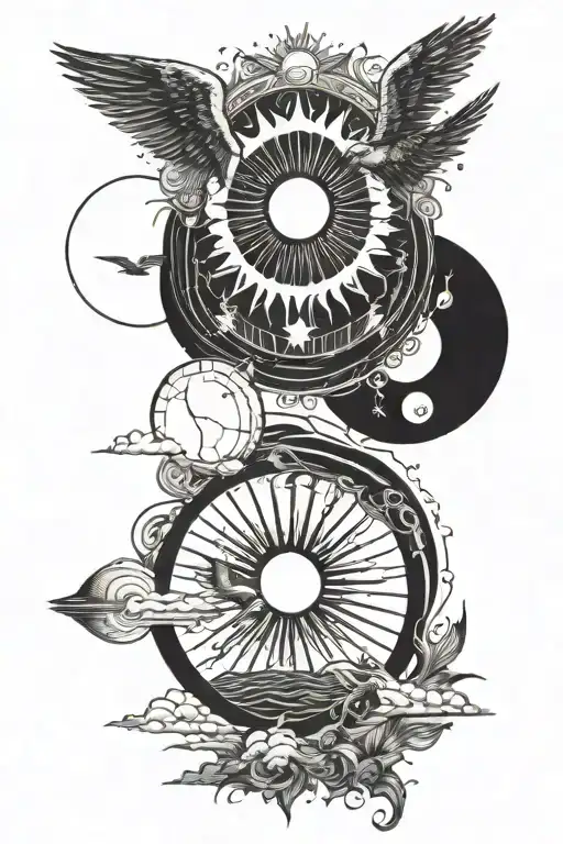 three circles: Sun, Icarus falling, ocean tattoo design idea