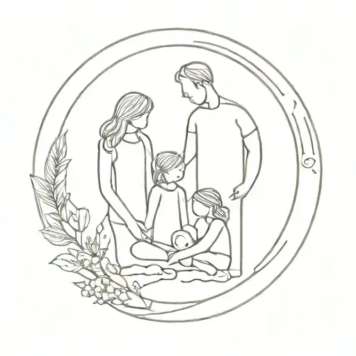 family with twin daughter inside a circle shape tattoo design idea