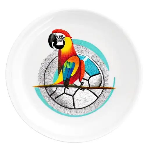 A soccer ball surrounded by palm trees and a parrot perched on top, with a glass of wine and a plate of roast nearby tattoo design idea