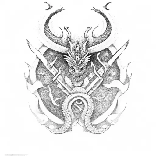 2 haches viking qui se croisent avec sur le manche de l'une, un dragon et sur l'autre une orchidée tattoo design idea