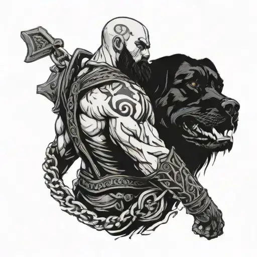 god of war kratos behind a Rottweiler dog hold him with a chain  tattoo design idea