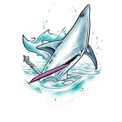 Mermaid stabbing shark with harpoon tattoo design idea