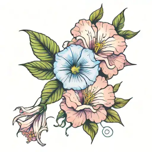 morning glory and cosmos bouqet tied together with a thread tattoo design idea
