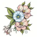 morning glory and cosmos bouqet tied together with a thread tattoo design idea