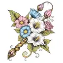 morning glory and cosmos bouqet tied together with a thread tattoo design idea