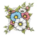 morning glory and cosmos bouqet tied together with a thread tattoo design idea