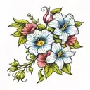 morning glory and cosmos bouqet tied together with a thread tattoo design idea