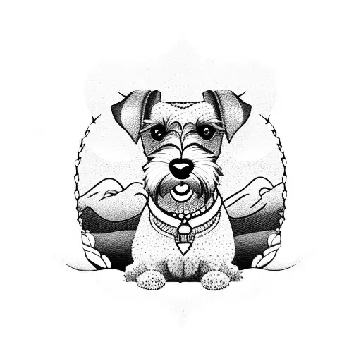 A blackwork tattoo of a silhouette of your schnauzer sitting on a windowsill with a beautiful spring view outside tattoo design idea