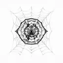 A blackwork tattoo of a spider web with social media icons woven into it tattoo design idea