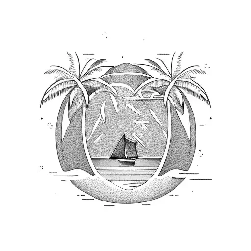 A tropical island getaway with palm trees swaying in the breeze and crystal clear ocean waves crashing on the shore tattoo design idea