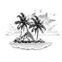 A tropical island getaway with palm trees swaying in the breeze and crystal clear ocean waves crashing on the shore tattoo design idea
