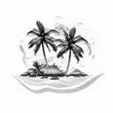 A tropical island getaway with palm trees swaying in the breeze and crystal clear ocean waves crashing on the shore tattoo design idea