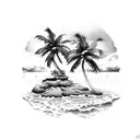 A tropical island getaway with palm trees swaying in the breeze and crystal clear ocean waves crashing on the shore tattoo design idea