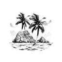 A tropical island getaway with palm trees swaying in the breeze and crystal clear ocean waves crashing on the shore tattoo design idea
