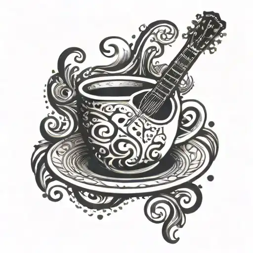 A tattoo of a coffee cup morphing into a guitar neck, representing the passion for music and being a barista tattoo design idea