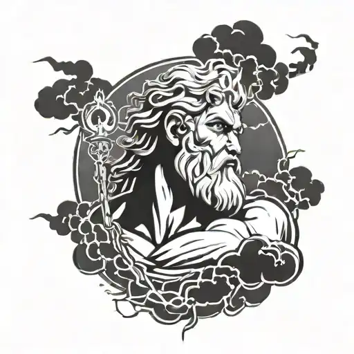 A modern interpretation of Zeus, the king of the Greek gods, surrounded by lightning bolts and clouds tattoo design idea