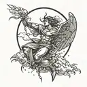 A falling angel with storm clouds and lightning bolts, with a full moon in the background tattoo design idea