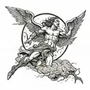 A falling angel with storm clouds and lightning bolts, with a full moon in the background tattoo design idea