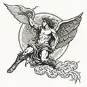 A falling angel with storm clouds and lightning bolts, with a full moon in the background tattoo design idea