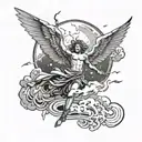 A falling angel with storm clouds and lightning bolts, with a full moon in the background tattoo design idea