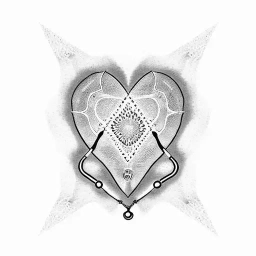 A dotwork representation of a stethoscope forming the shape of a heart with the names Deeksha and Raghavan inside tattoo design idea