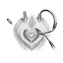 A dotwork representation of a stethoscope forming the shape of a heart with the names Deeksha and Raghavan inside tattoo design idea