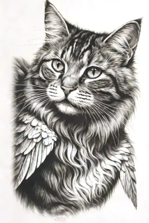 cat fluffy striped with wings tattoo design idea