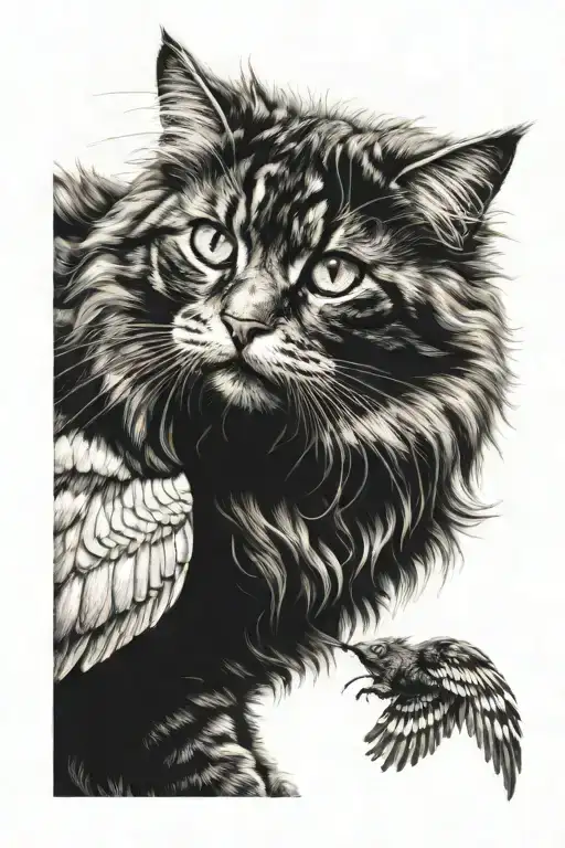 cat fluffy striped with wings tattoo design idea
