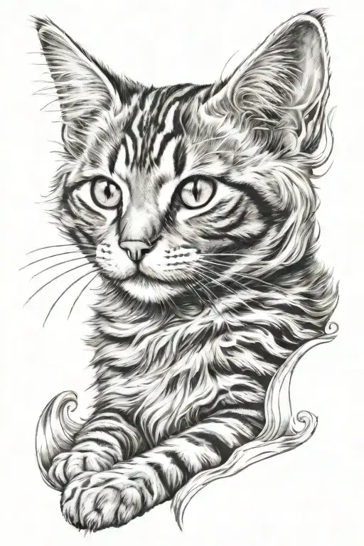 adult fluffy striped cat as an angel portrait  tattoo design idea
