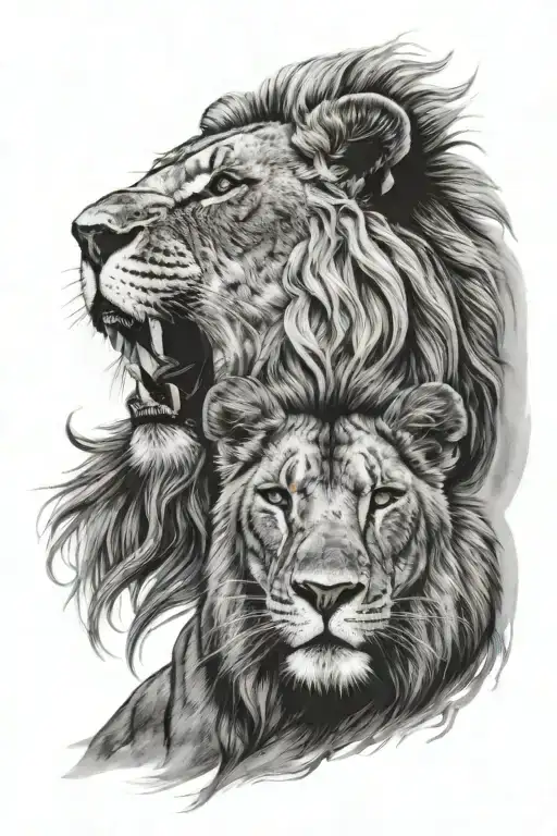 an bad ioness watching a lion from behind her shoulder tattoo design idea