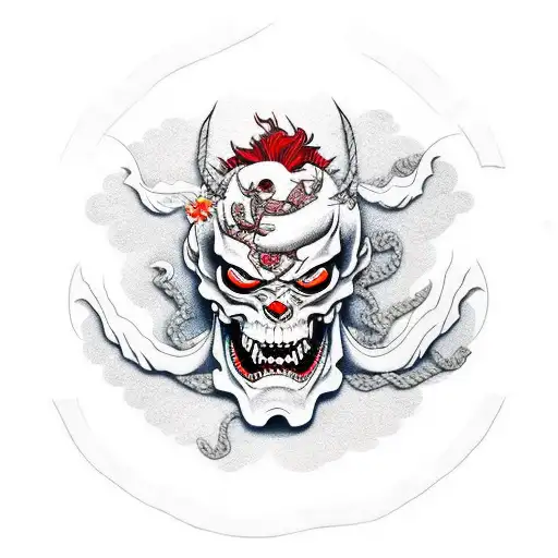 Hannya mask, half skull, hanging rope, waves, cherry blossoms, katana tattoo design idea