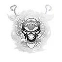 Hannya mask, half skull, hanging rope, waves, cherry blossoms, katana tattoo design idea