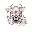 Hannya mask, half skull, hanging rope, waves, cherry blossoms, katana tattoo design idea