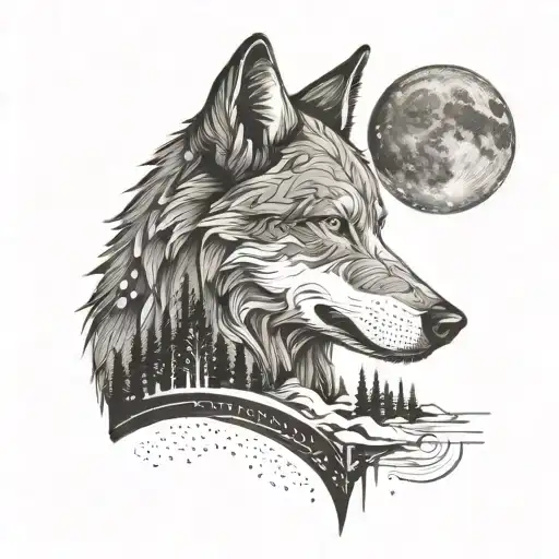 A nature-inspired tattoo featuring a wolf howling at the moon, with a hidden cyberpunk twist in the background tattoo design idea