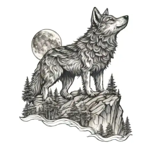 A nature-inspired tattoo featuring a wolf howling at the moon on a cliff with a hidden forest in the background tattoo design idea