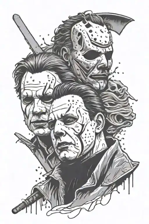 Michael Myers, Jason and leather face. with a gory background  tattoo design idea