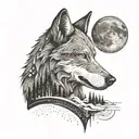 A nature-inspired tattoo featuring a wolf howling at the moon, with a hidden cyberpunk twist in the background tattoo design idea