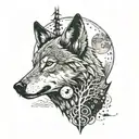 A nature-inspired tattoo featuring a wolf howling at the moon, with a hidden cyberpunk twist in the background tattoo design idea