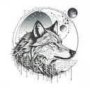 A nature-inspired tattoo featuring a wolf howling at the moon, with a hidden cyberpunk twist in the background tattoo design idea