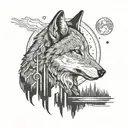 A nature-inspired tattoo featuring a wolf howling at the moon, with a hidden cyberpunk twist in the background tattoo design idea