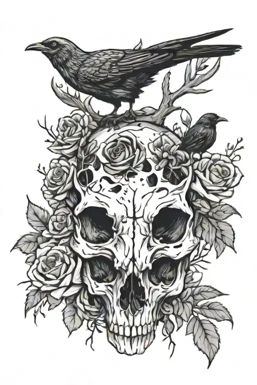 A dead deer skull with a crow sitting on top with something in its mouth. I want roses or thorns nearby tattoo design idea
