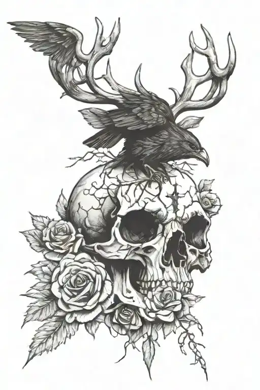 deer skull with a crow sitting on top of it with something in its mouth. I want roses or thorns around. It must be dark tattoo design idea